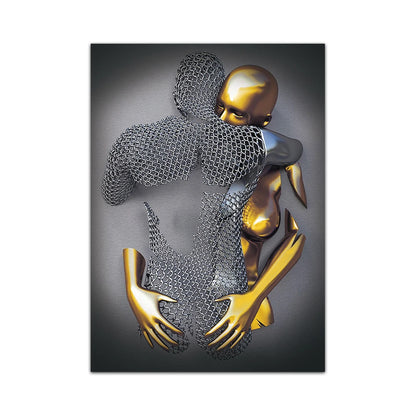 golden lovers metal statue abstract romantic canvas wall art