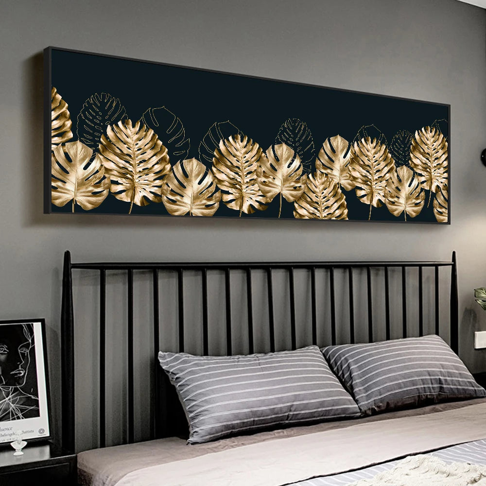 Black and gold monstera and ginkgo leaves botanical canvas wall art