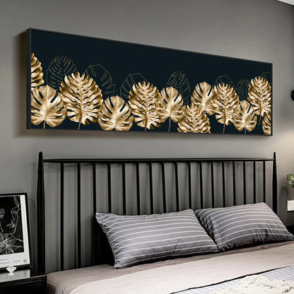Black and gold monstera and ginkgo leaves botanical canvas wall art