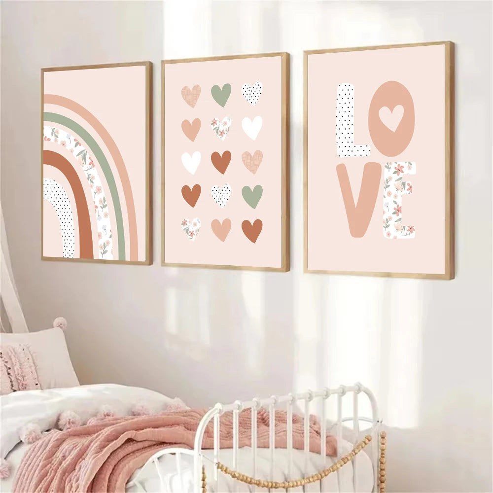 pink rainbow hearts sun and clouds nordic kids canvas
