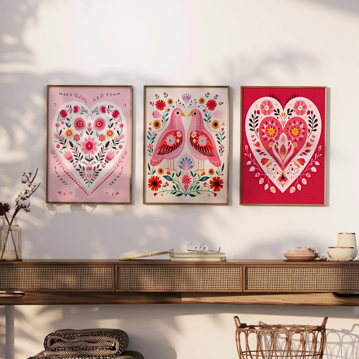 Three-piece folk-art hearts and birds Valentine canvas