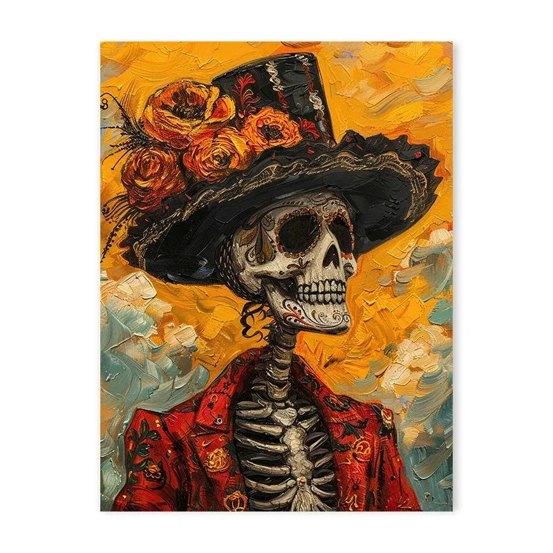 Skeleton & Yellow Flowers Canvas Print