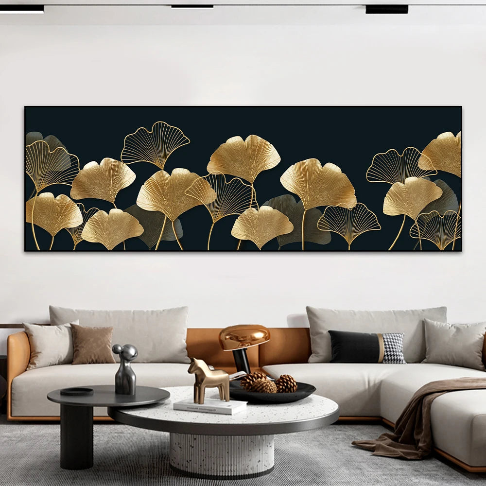 Black and gold monstera and ginkgo leaves botanical canvas wall art