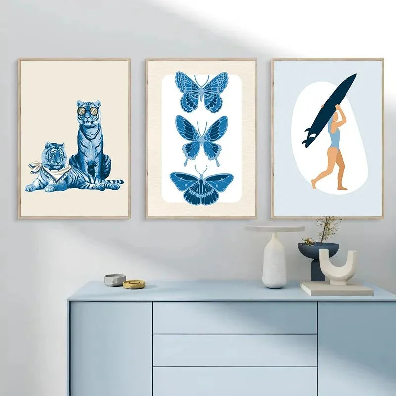 Coastal cowgirl beach aesthetic canvas wall art in light blue