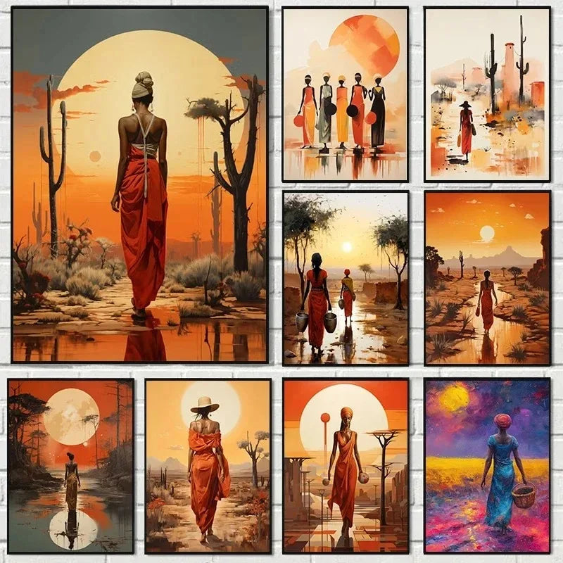 elegant portraits of african women with sun motifs on canvas