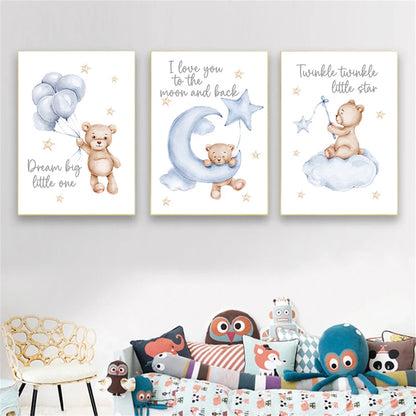 pink cartoon star moon bear nordic nursery canvas