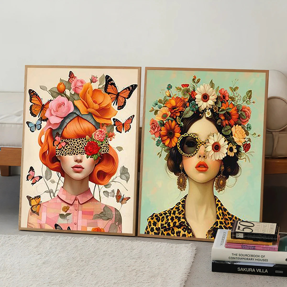 nordic scandinavian portrait woman with glasses flowers and birds canvas