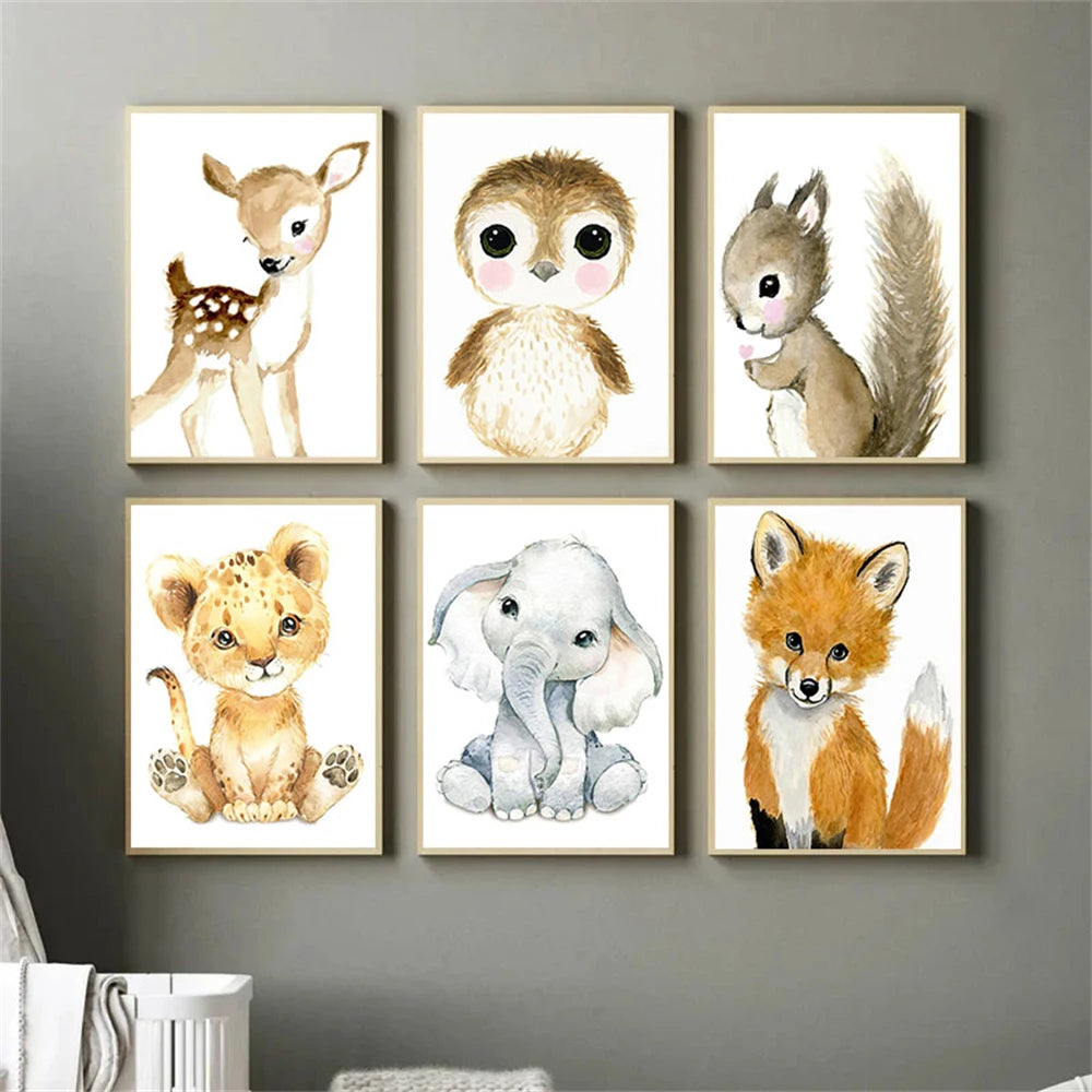 nordic baby animals lion elephant fox deer on nursery canvas
