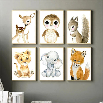 nordic baby animals lion elephant fox deer on nursery canvas