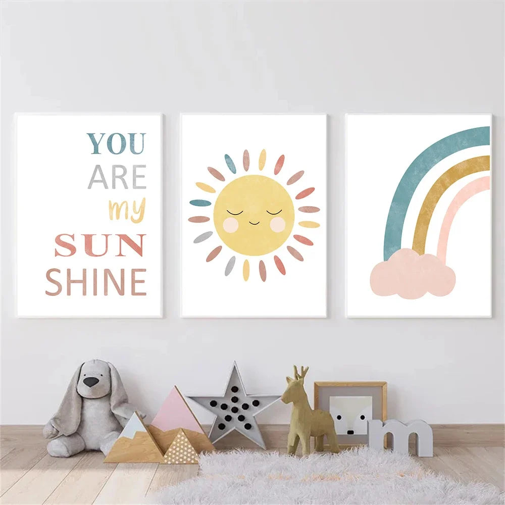 half rainbow and smiling sun “you are my sunshine” kids canvas wall art