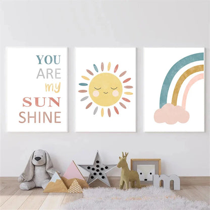 half rainbow and smiling sun “you are my sunshine” kids canvas wall art