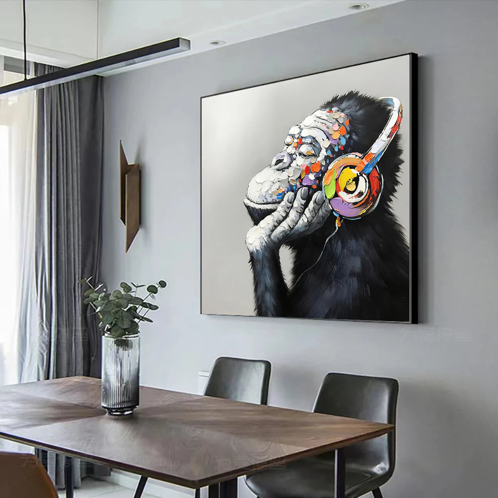 Orangutan with colorful headphones pop canvas wall art