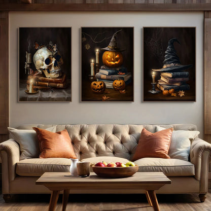 Vintage Halloween canvas with castle, skull, witch, and pumpkin head