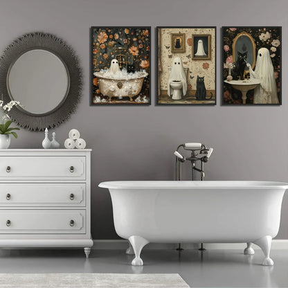 three piece bathroom canvas with ghost and black cat in a bathtub
