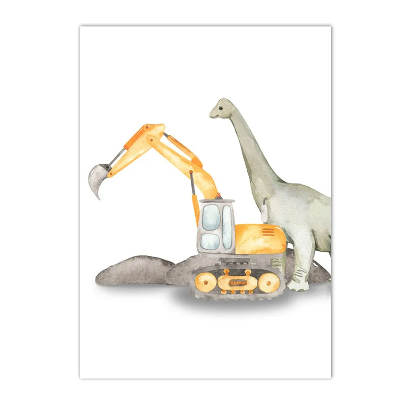 Cartoon dinosaur with trucks, tractor and excavator kids’ canvas