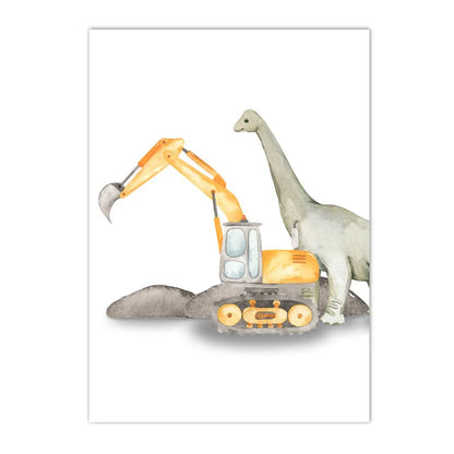 Cartoon dinosaur with trucks, tractor and excavator kids’ canvas