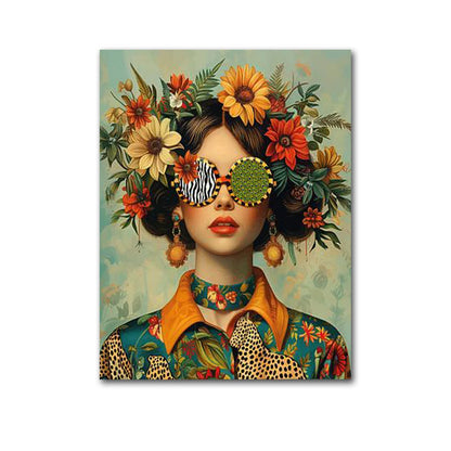 boho portrait woman with glasses flowers and butterfly canvas