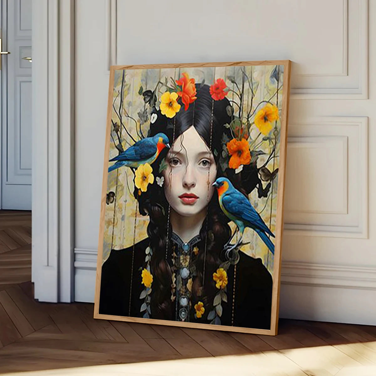 nordic scandinavian portrait woman with glasses flowers and birds canvas