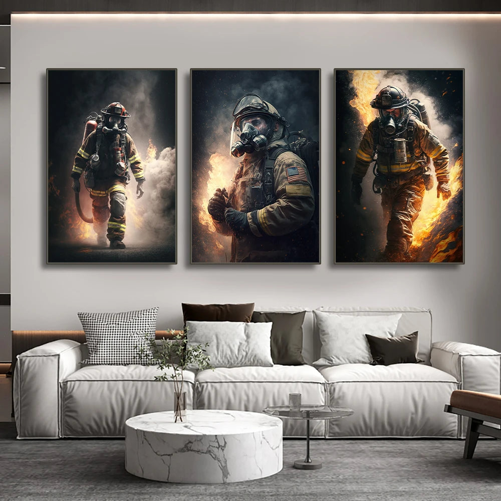bold firefighter portrait motivational canvas wall art