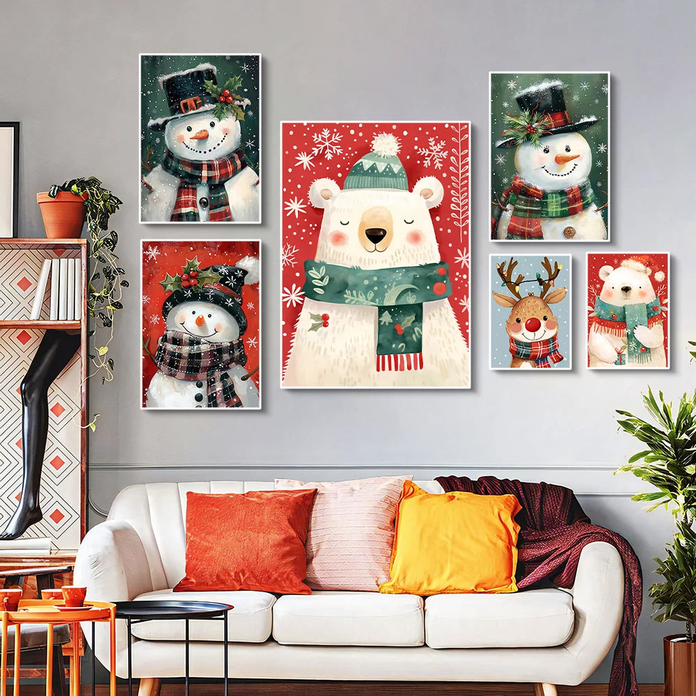Christmas canvas with polar bear, Santa and snowman