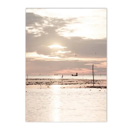 sunset lake with hut bridge and canoe among reeds Nordic canvas wall art