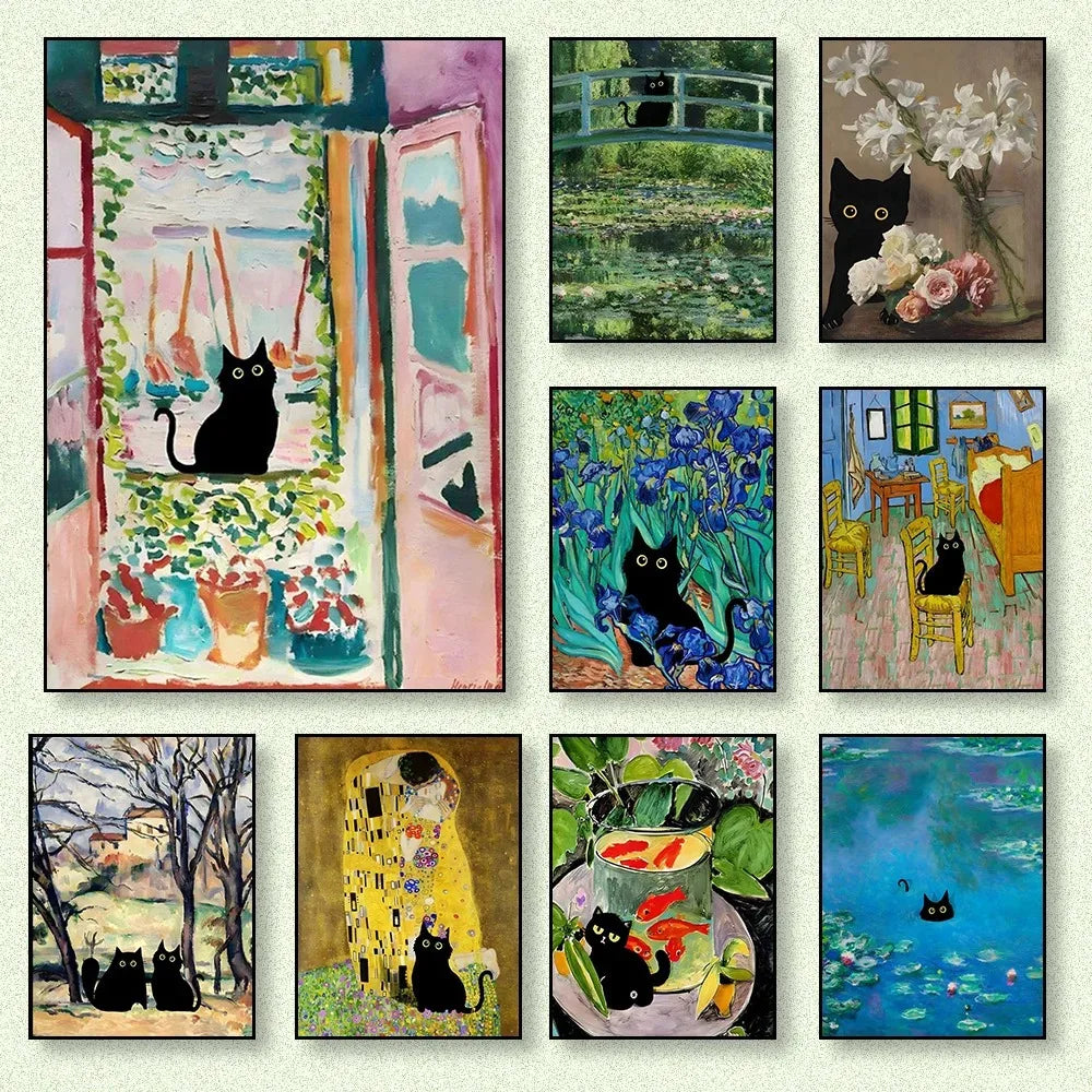 black cat with impressionist water lilies canvas wall art