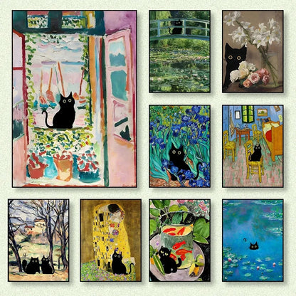 black cat with impressionist water lilies canvas wall art
