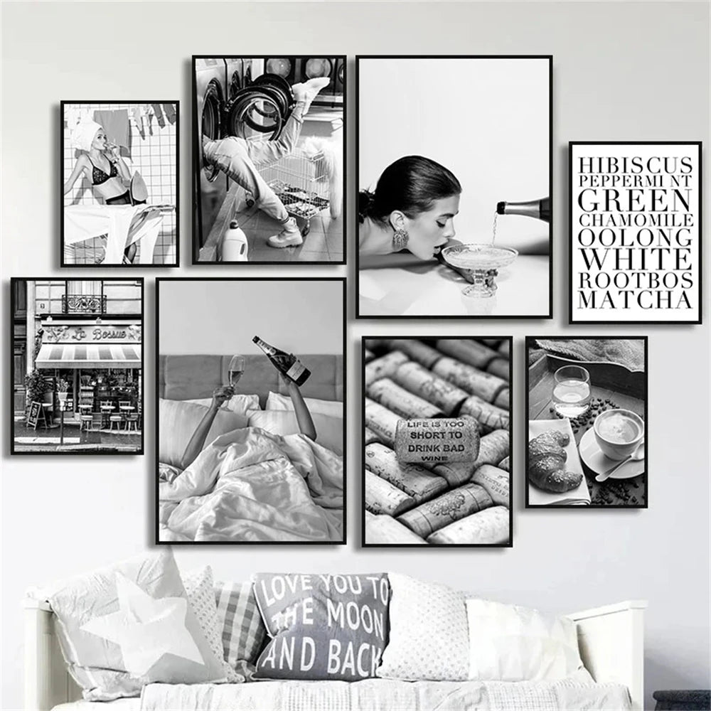 black and white fashion woman holding drink canvas wall art