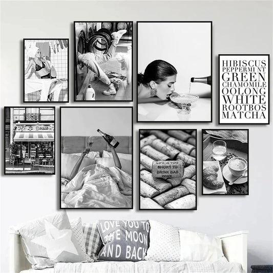 black and white fashion woman holding drink canvas wall art