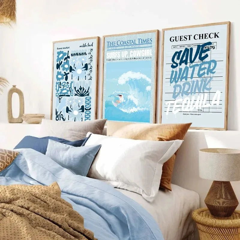 Coastal cowgirl beach aesthetic canvas wall art in light blue