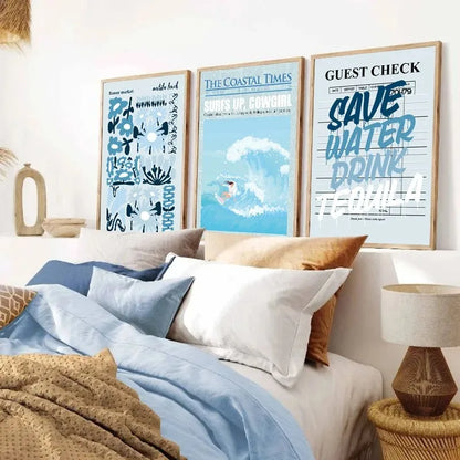 Coastal cowgirl beach aesthetic canvas wall art in light blue