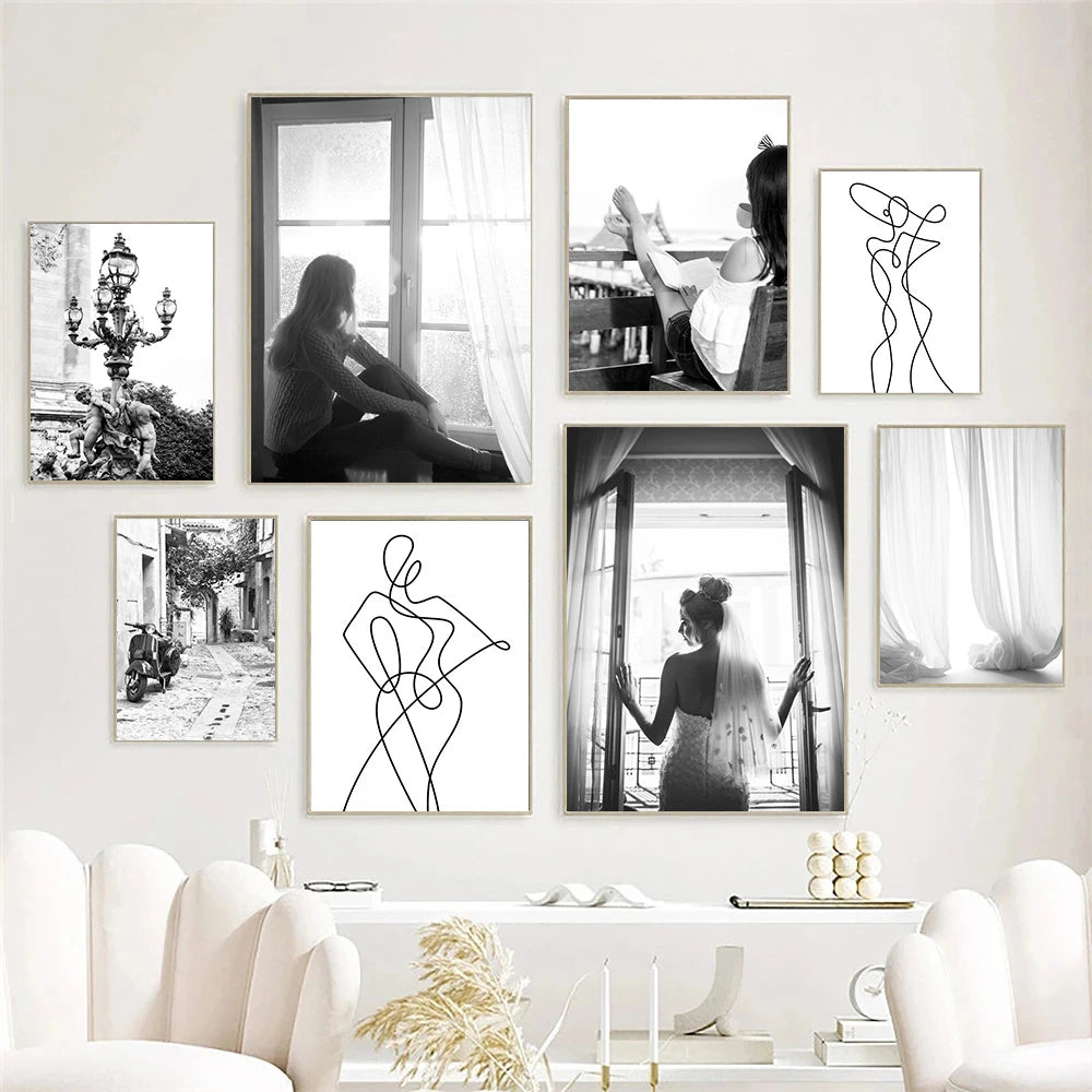 black and white abstract portrait of girl by window canvas