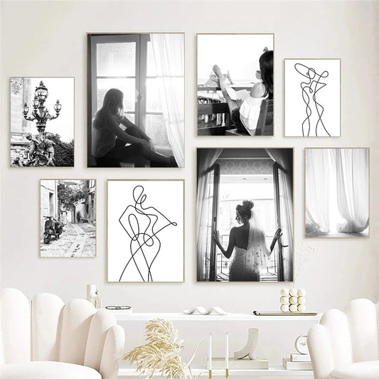 black and white abstract portrait of girl by window canvas