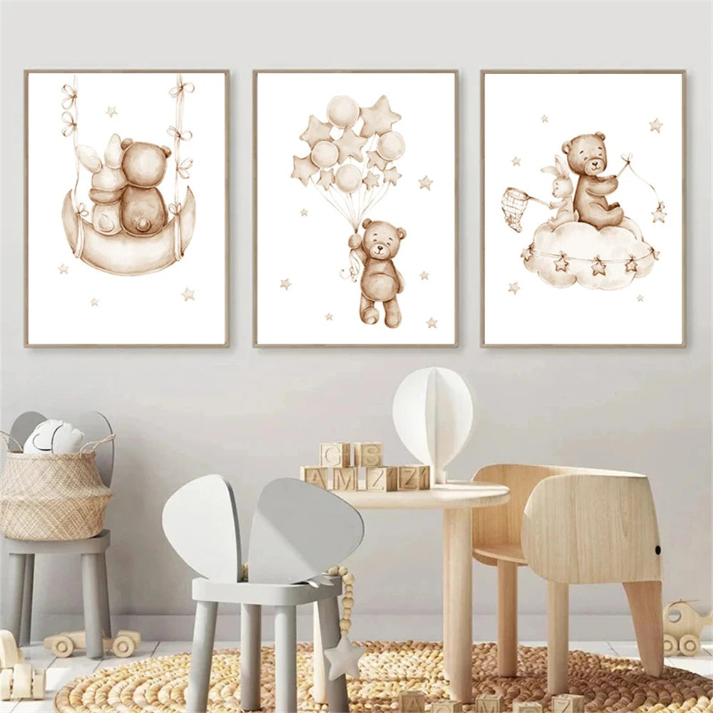 Nordic kids canvas with moon, stars, rabbit and bear