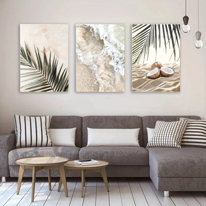 white waves on beach with palm leaves Nordic canvas wall art