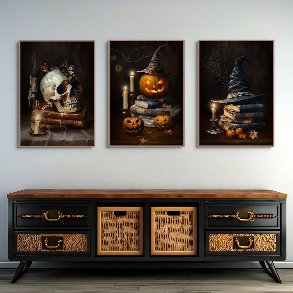 Vintage Halloween canvas with castle, skull, witch, and pumpkin head
