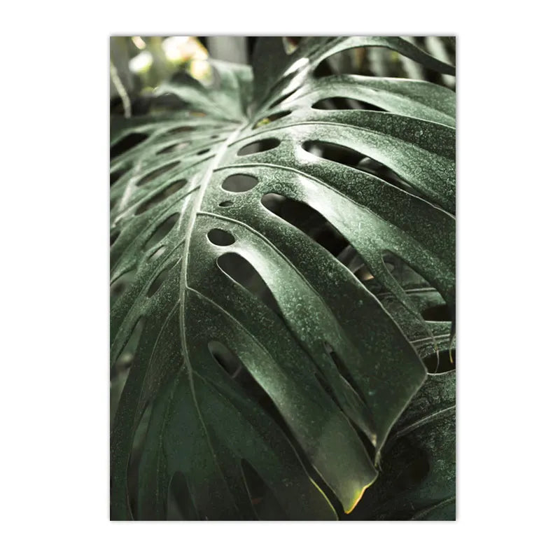 leopard in tropical jungle with palm and monstera leaves on canvas