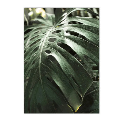 leopard in tropical jungle with palm and monstera leaves on canvas