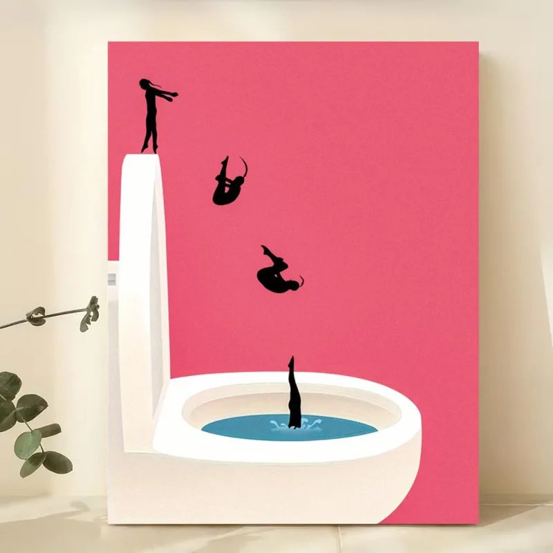 frameless vintage pink bathroom canvas with girls jumping into a toilet