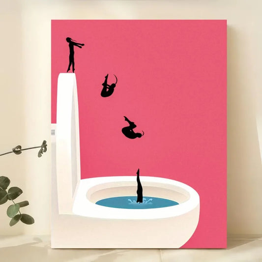 frameless vintage pink bathroom canvas with girls jumping into a toilet