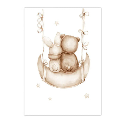 Nordic kids canvas with moon, stars, rabbit and bear