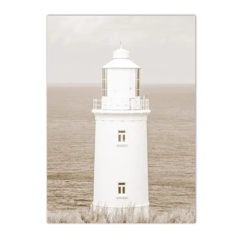 beige coastal canvas with surfboard lighthouse and reed bridge