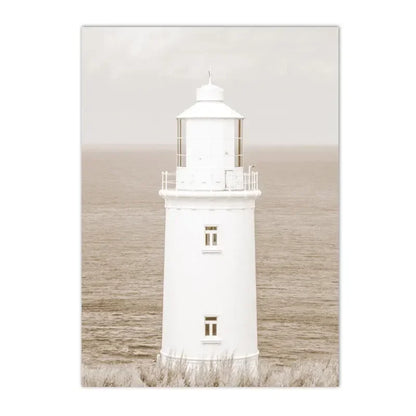 beige coastal canvas with surfboard lighthouse and reed bridge