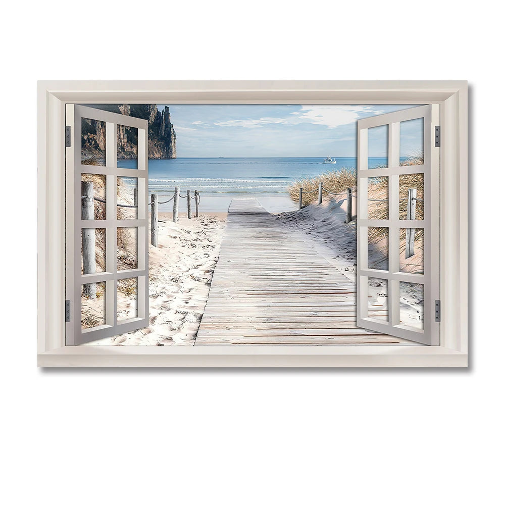 Nordic 3D Window View Beach Canvas