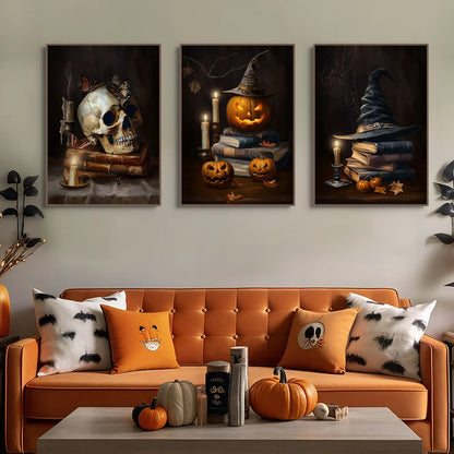 Vintage Halloween canvas with castle, skull, witch, and pumpkin head