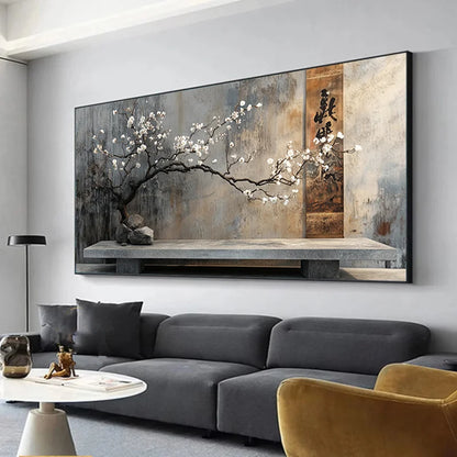 frameless abstract canvas with vintage stone terrace and flowering branch
