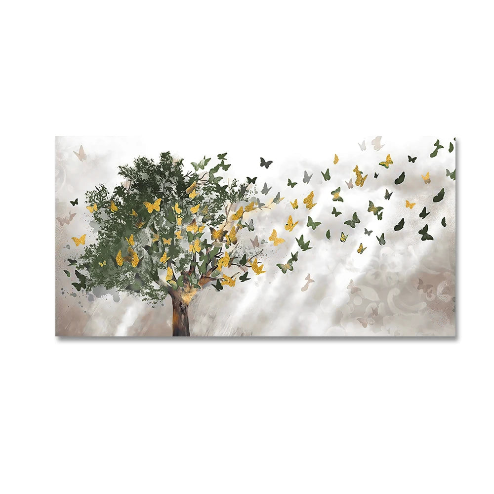 Abstract blue trees with butterfly Nordic canvas wall art