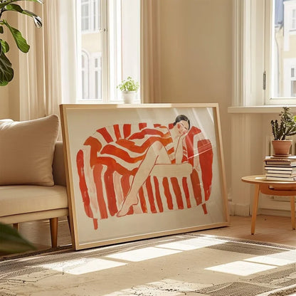 modern line art woman over red and orange striped background canvas