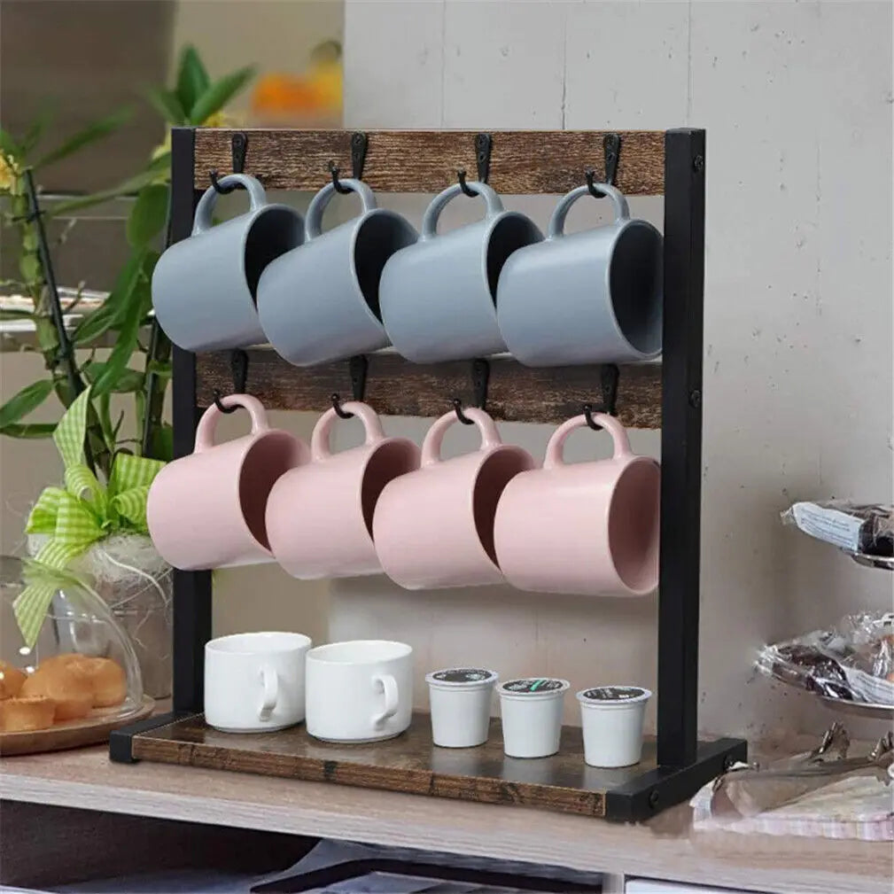 Vintage Wooden 2-Tier Coffee Mug Holder