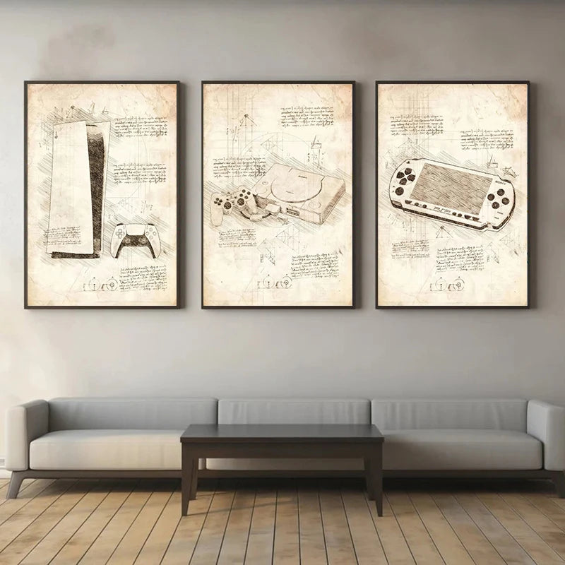 Vintage Sketch Gaming Blueprint Prints Collection